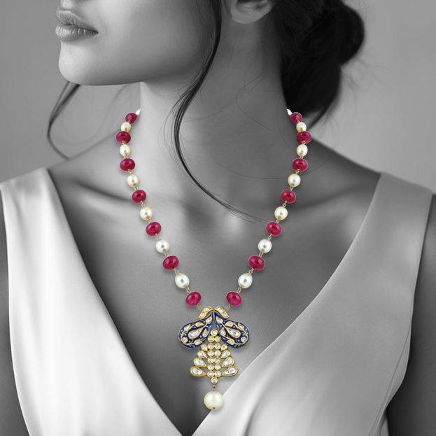 Polki Pendant Necklace with Blue Enamel Pendant